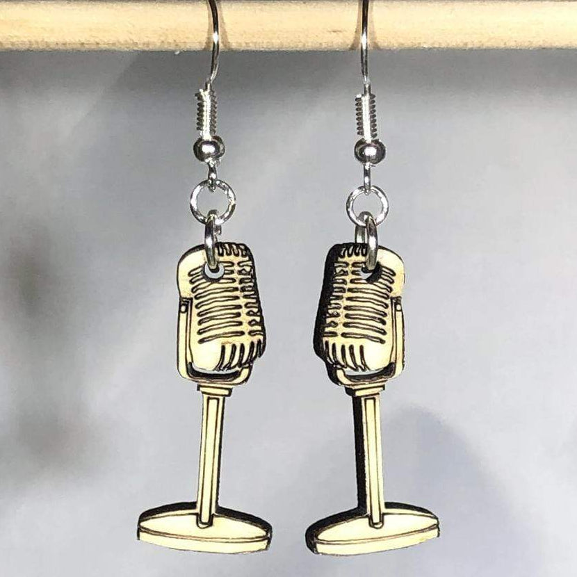 Retro Microphone Wooden Dangle Earrings | Music Jewelry by Cate's Concepts, LLC, handmade jewelry detail photo 2