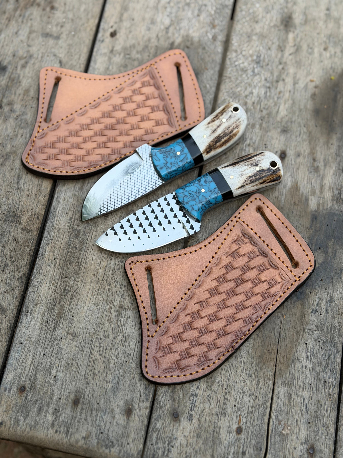 Handmade Turquoise Antler Skinner Duo set of 2 with natural stag antler handles