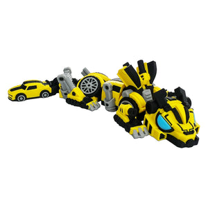 Robot Bee Dragon articulated 3D printed flexi dragon in yellow and black shown in a long pose