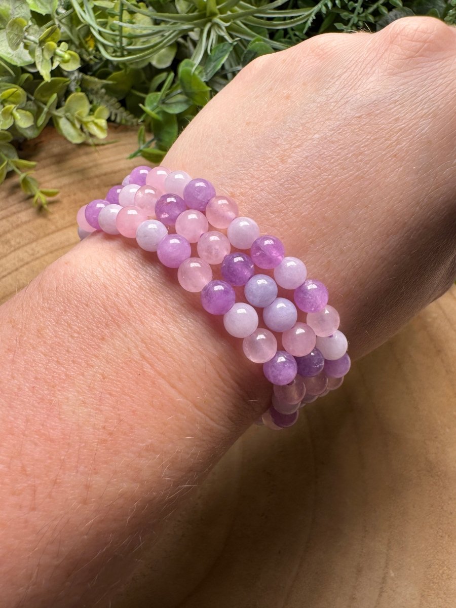 Rose Quartz, Amethyst, and Kunzite Beaded Bracelet with 6mm Beads