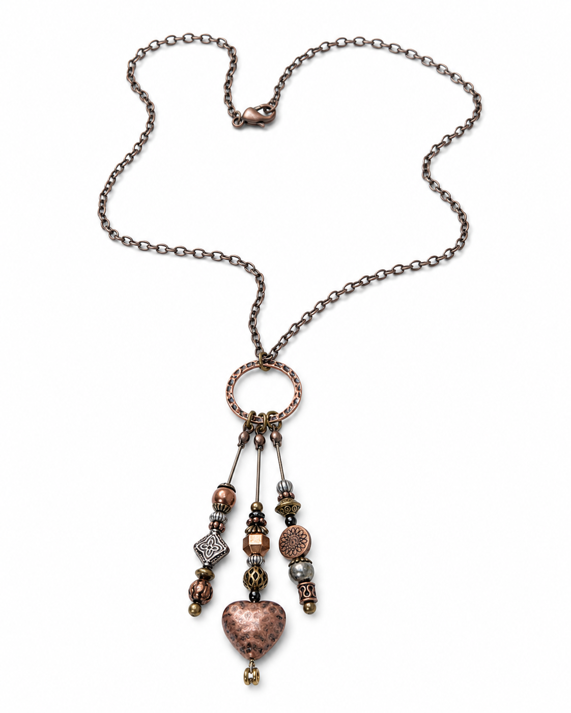 Necklace with heart-shaped pendant and beads on a white background
