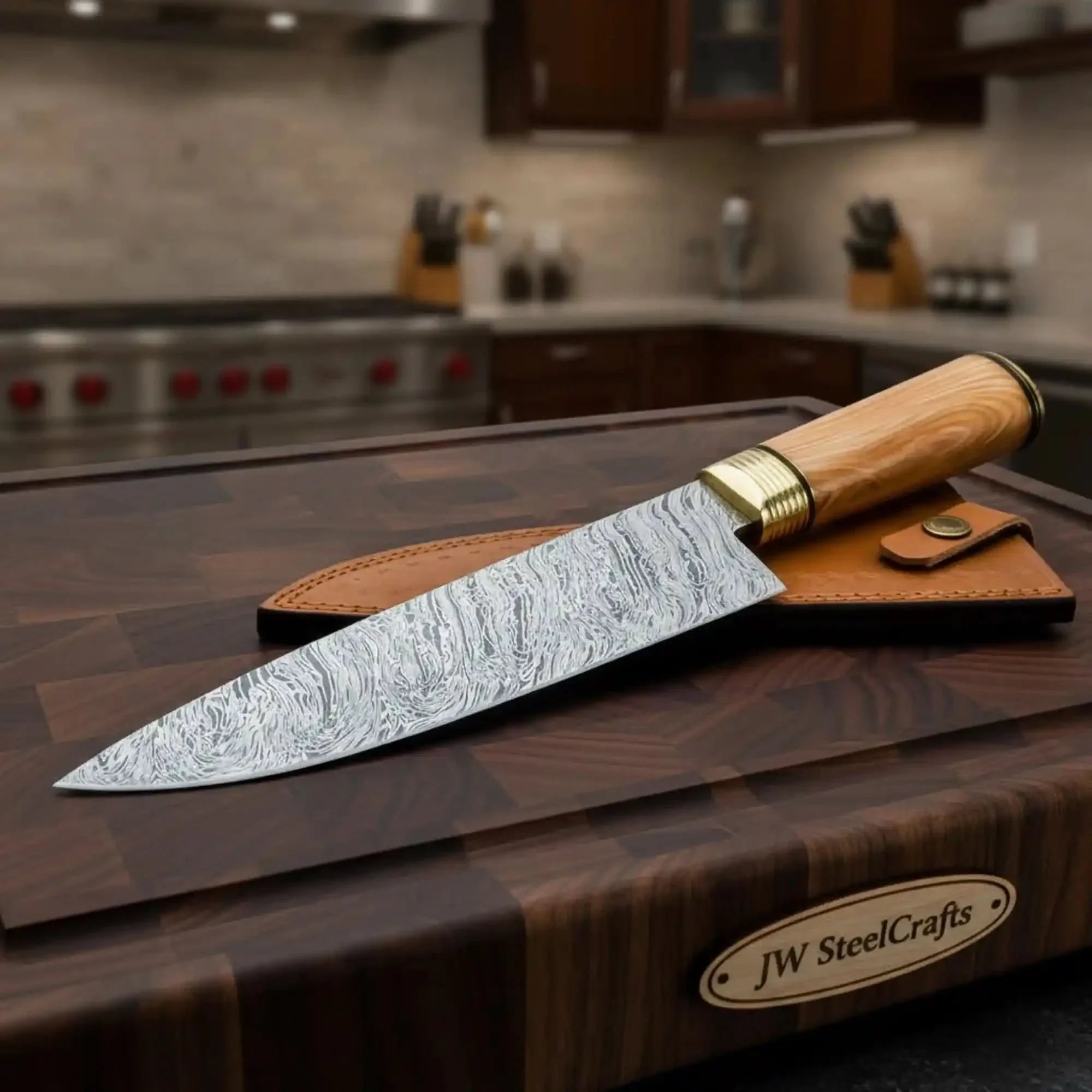 12 Inch Overall Fire Damascus Gyuto Chef Knife – Natural Olive Wood Handle and Solid Brass Bolster, Full Tang by JW SteelCrafts, Damascus knife main product photo
