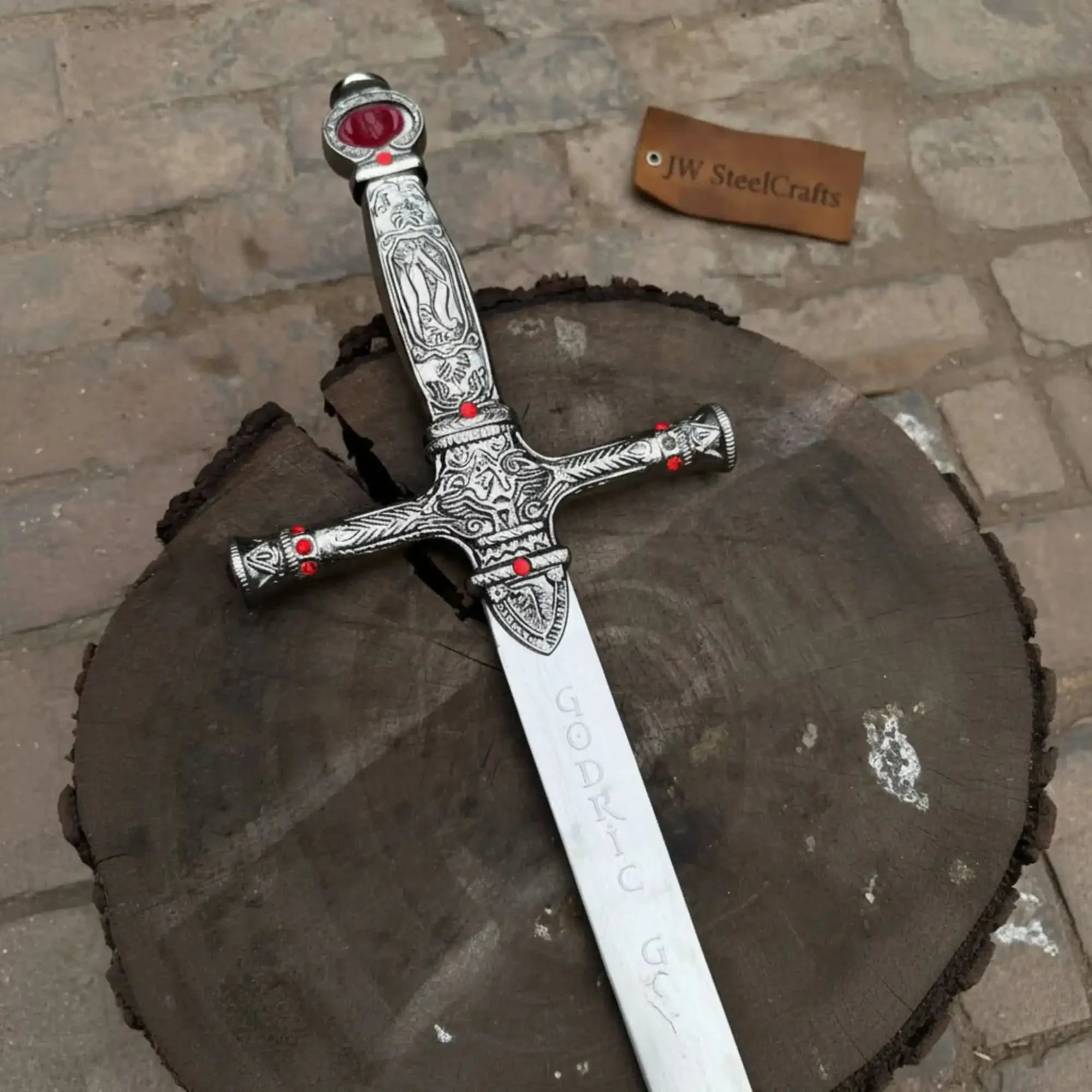 Handmade Sacred Gothic Royal Crusader Sword | Red Gemstone Replica by JW SteelCrafts, handmade jewelry detail photo 2