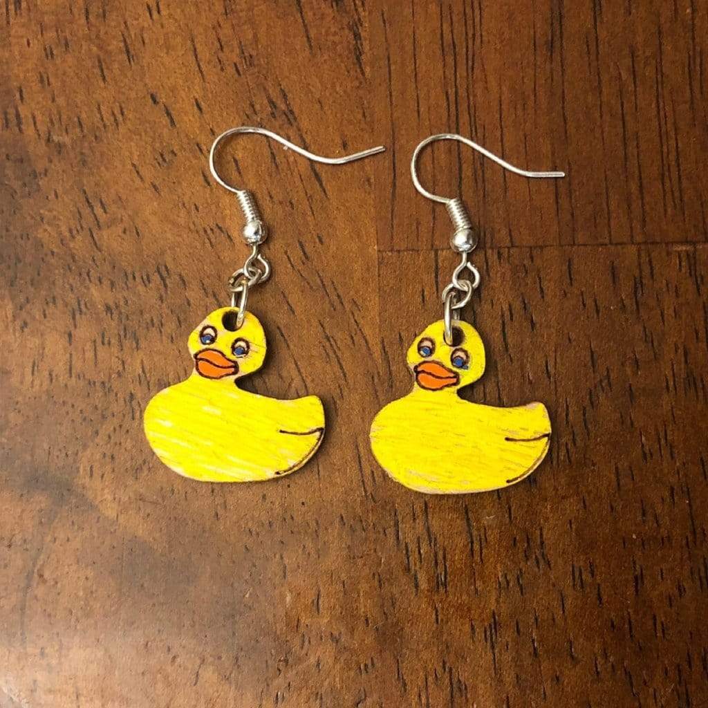 Rubber Duck Wooden Dangle Earrings | Cute Bath Toy Jewelry