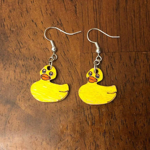 Rubber Duck Wooden Dangle Earrings | Cute Bath Toy Jewelry