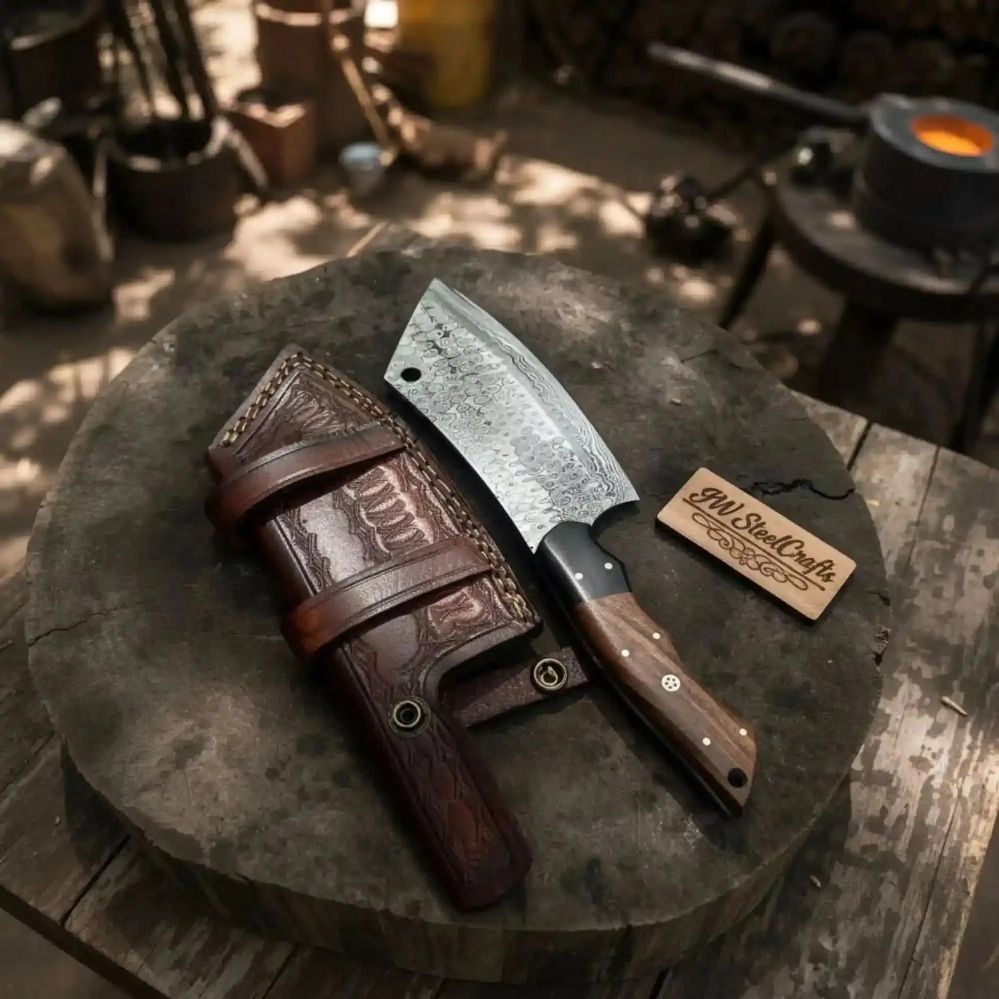 Hand-Forged Damascus Kiritsuke Cleaver Chef Knife — Raindrop Blade Full Tang by JW SteelCrafts