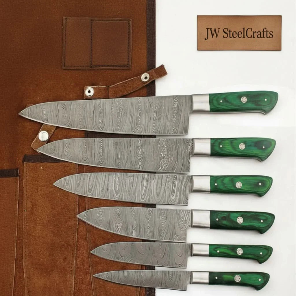 6-Piece Handmade Damascus Steel Kitchen Knife Set, Green Wood Handle, Professional Chef Culinary by JW SteelCrafts, Damascus knife main product photo