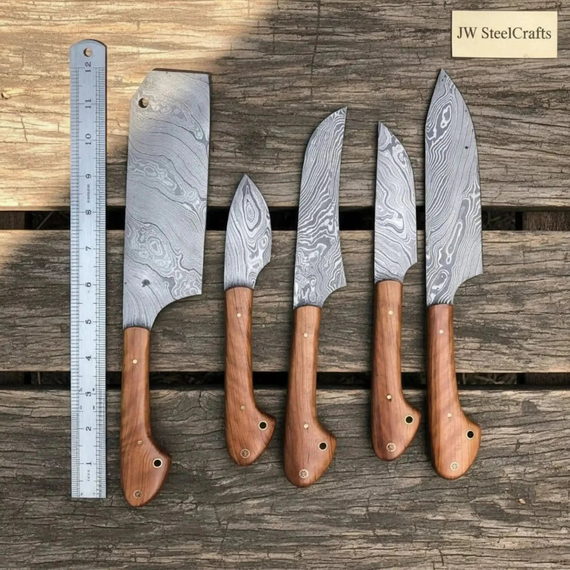 5-Piece Damascus Kitchen Knife Set — Cleaver, Chef, Utility, Boning & Paring with Olive Wood Handles & Brass Pins by JW SteelCrafts, Damascus knife detail photo 2