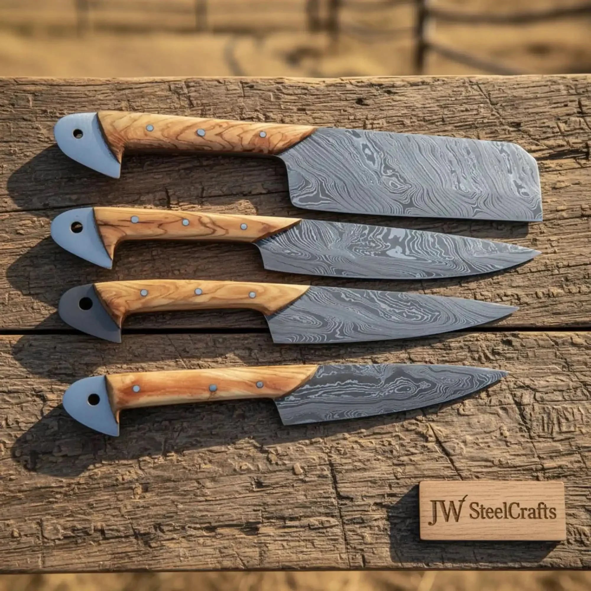JW SteelCrafts 4-Piece Damascus Kitchen Knife Set — Cleaver, Gyuto, Utility & Paring Knife with Olive Wood Handles by JW SteelCrafts, Damascus knife main product photo