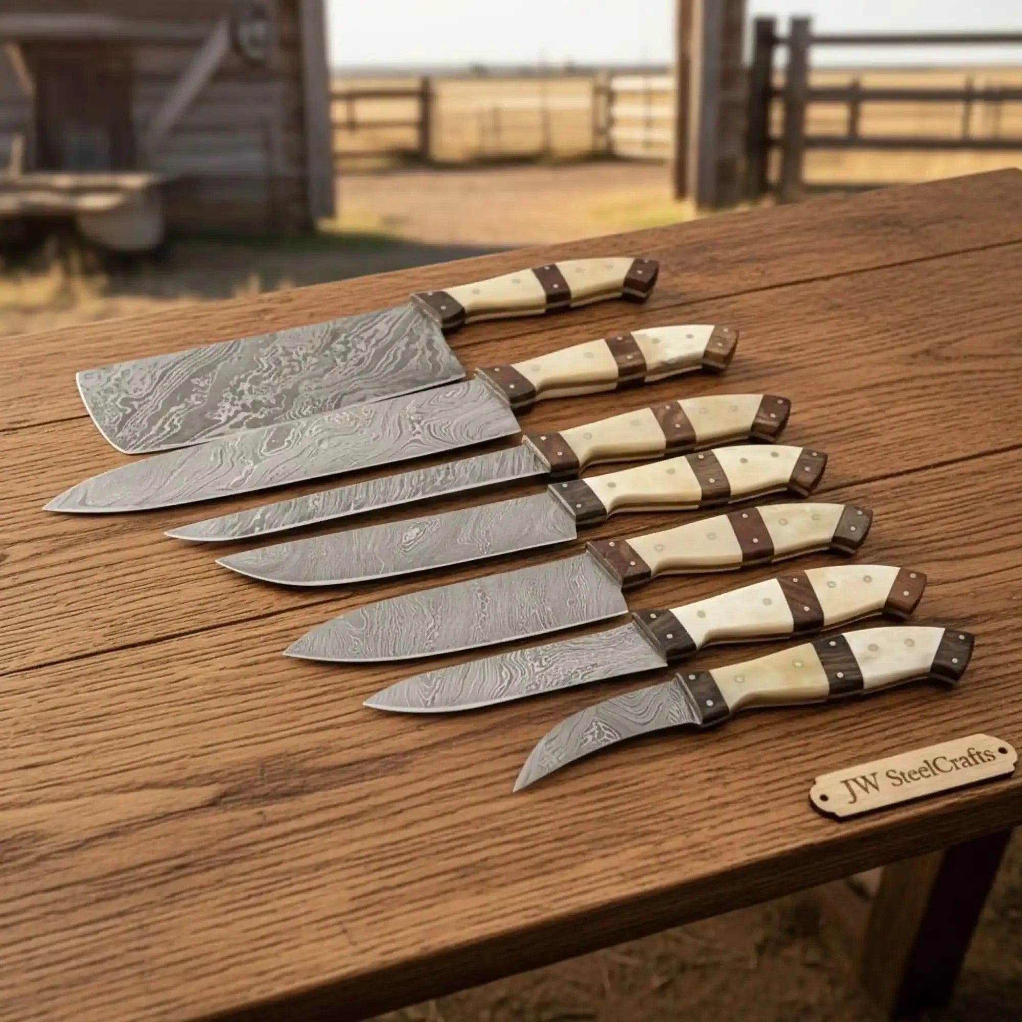 7-Piece Damascus Kitchen Knife Set — Cleaver, Gyuto, Santoku, Bunka, Utility & Paring with Bone and Rosewood Handles by JW SteelCrafts, Damascus knife main product photo