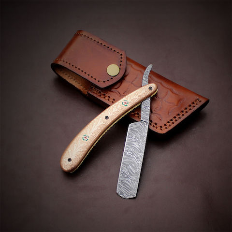 Handmade Damascus Steel Straight Folding Razor — Engrave Brass Handle