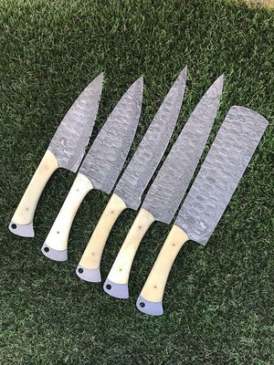 Damascus Chef Knife Set | 5-Piece | Damascus Steel Blades | Camel Bone Handles | Leather Rolling Kit