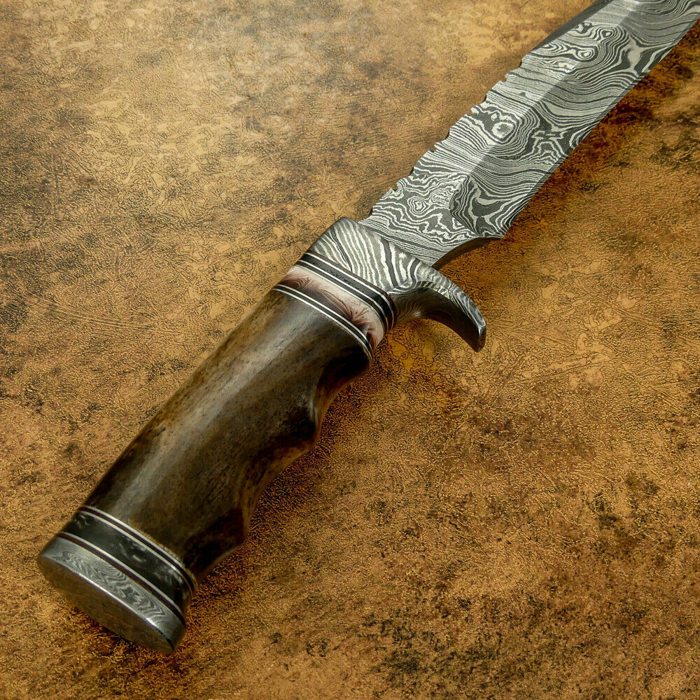 Damascus Bowie Knife | 15" | Twist Pattern | Rose Wood, Resin Spacer & Damascus Steel Guard | Leather Sheath
