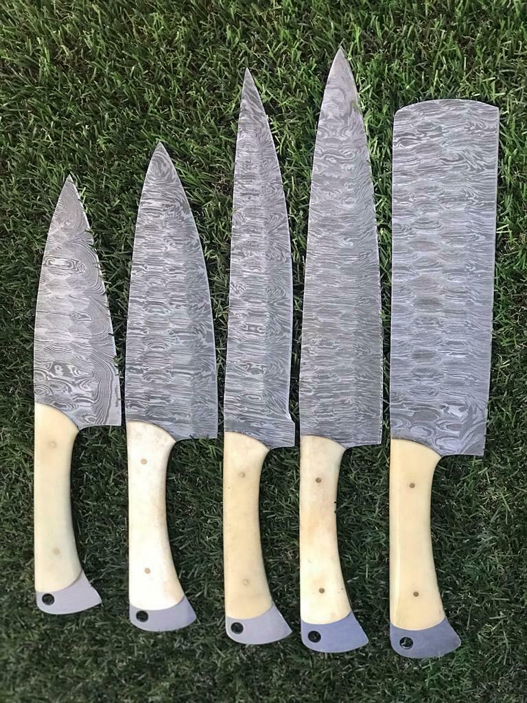 Damascus Chef Knife Set | 5-Piece | Damascus Steel Blades | Camel Bone Handles | Leather Rolling Kit