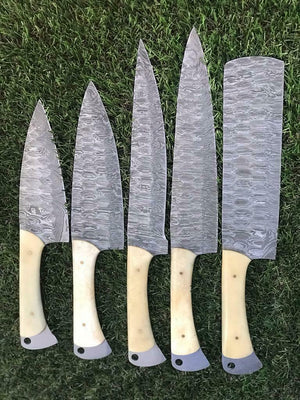 Damascus Chef Knife Set | 5-Piece | Damascus Steel Blades | Camel Bone Handles | Leather Rolling Kit