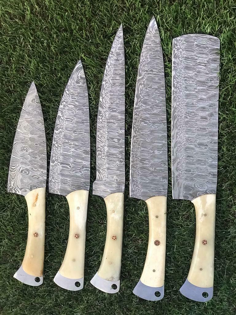 Damascus Chef Knife Set | 5-Piece | Damascus Steel Blades | Camel Bone Handles | Leather Rolling Kit