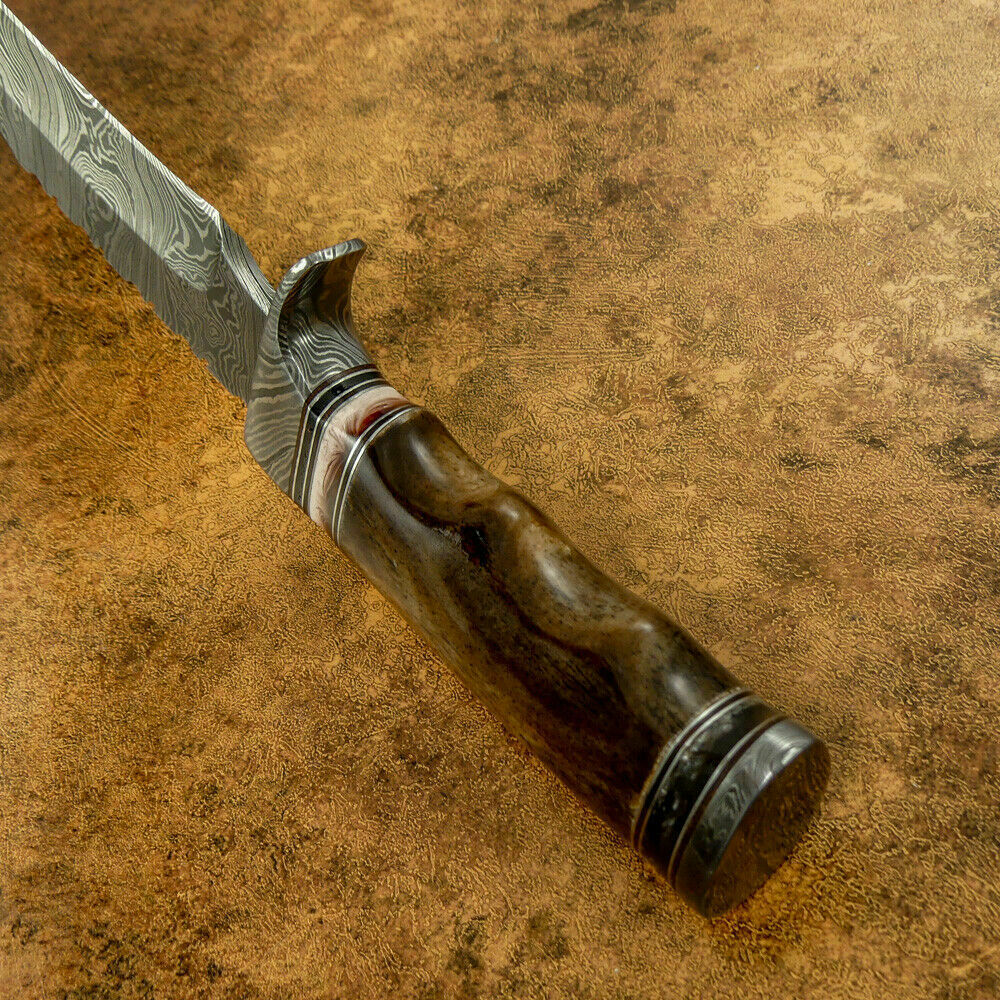 Damascus Bowie Knife | 15" | Twist Pattern | Rose Wood, Resin Spacer & Damascus Steel Guard | Leather Sheath