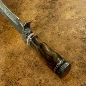 Damascus Bowie Knife | 15" | Twist Pattern | Rose Wood, Resin Spacer & Damascus Steel Guard | Leather Sheath