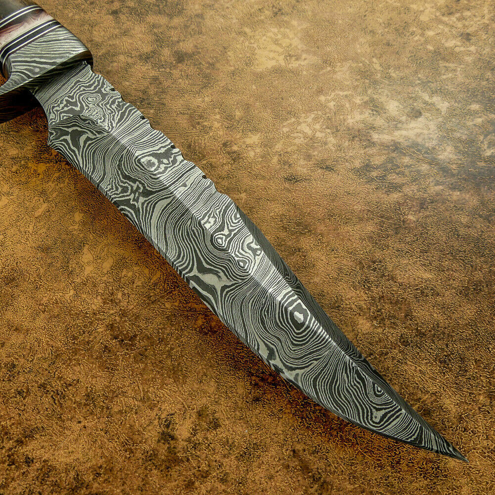 Damascus Bowie Knife | 15" | Twist Pattern | Rose Wood, Resin Spacer & Damascus Steel Guard | Leather Sheath
