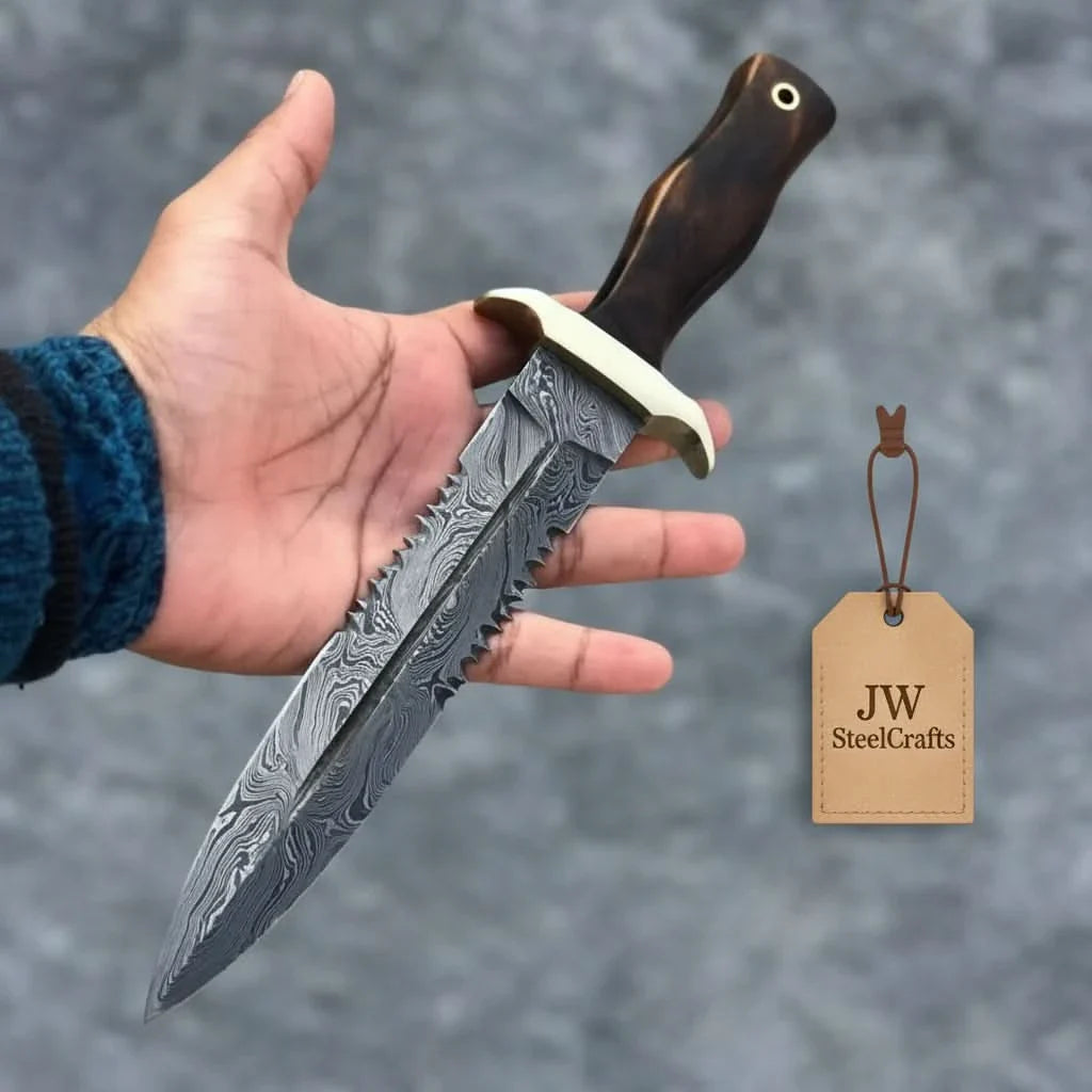 Hammer forged Damascus Dagger Knife with 8” Double Edge Serrated Blade, Sawback Spine, Brass Guard, Rosewood Handle (Full Tang Fixed Blade) by JW SteelCrafts, Damascus knife main