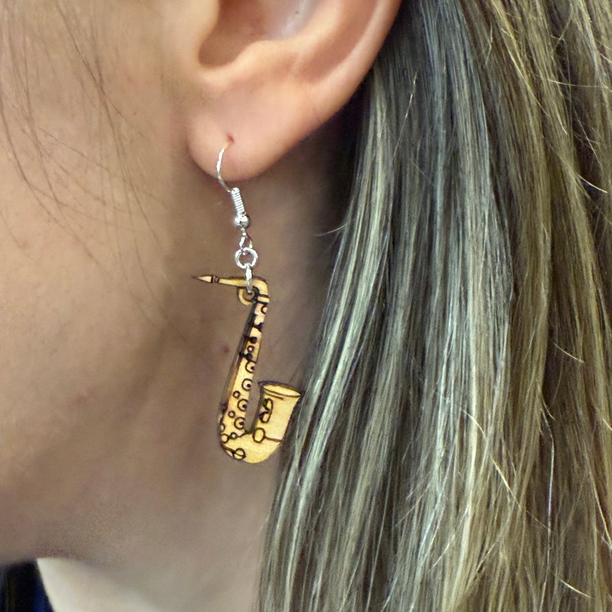 Saxophone Wooden Dangle Earrings | Band Instrument Jewelry