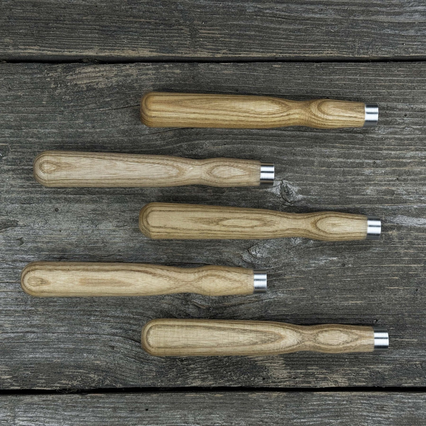 Set of 5 Ash Wood Handles for Chisels and Gouges with Aluminum Rings
