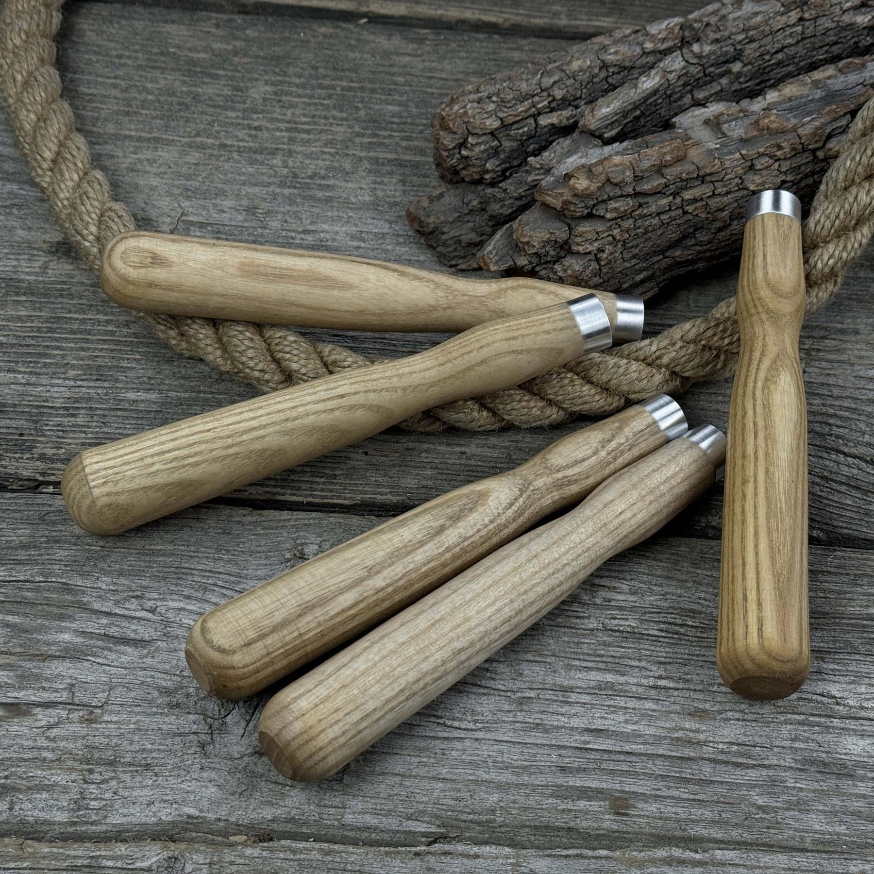Set of 5 Ash Wood Handles for Chisels and Gouges with Aluminum Rings