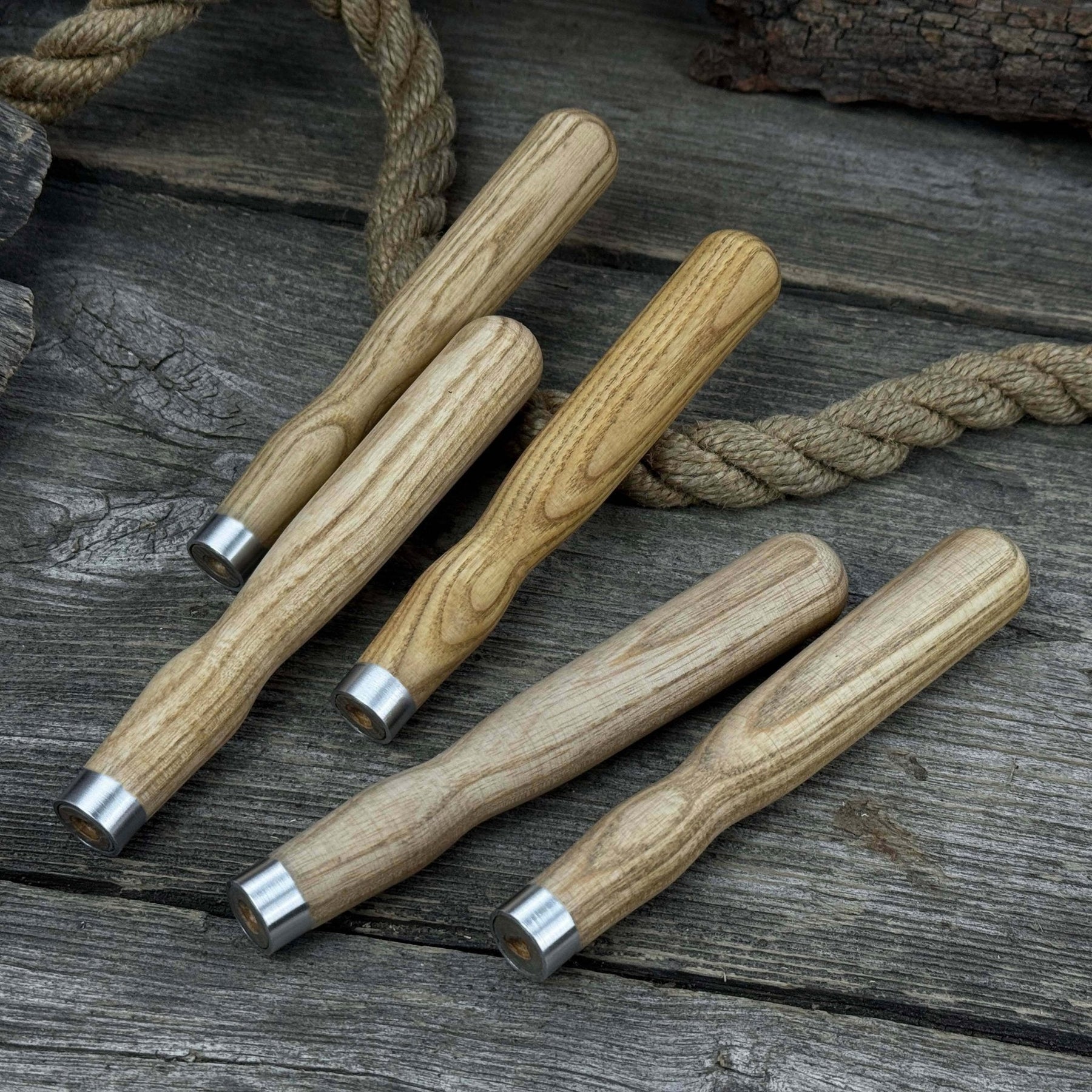 Set of 5 Ash Wood Handles for Chisels and Gouges with Aluminum Rings