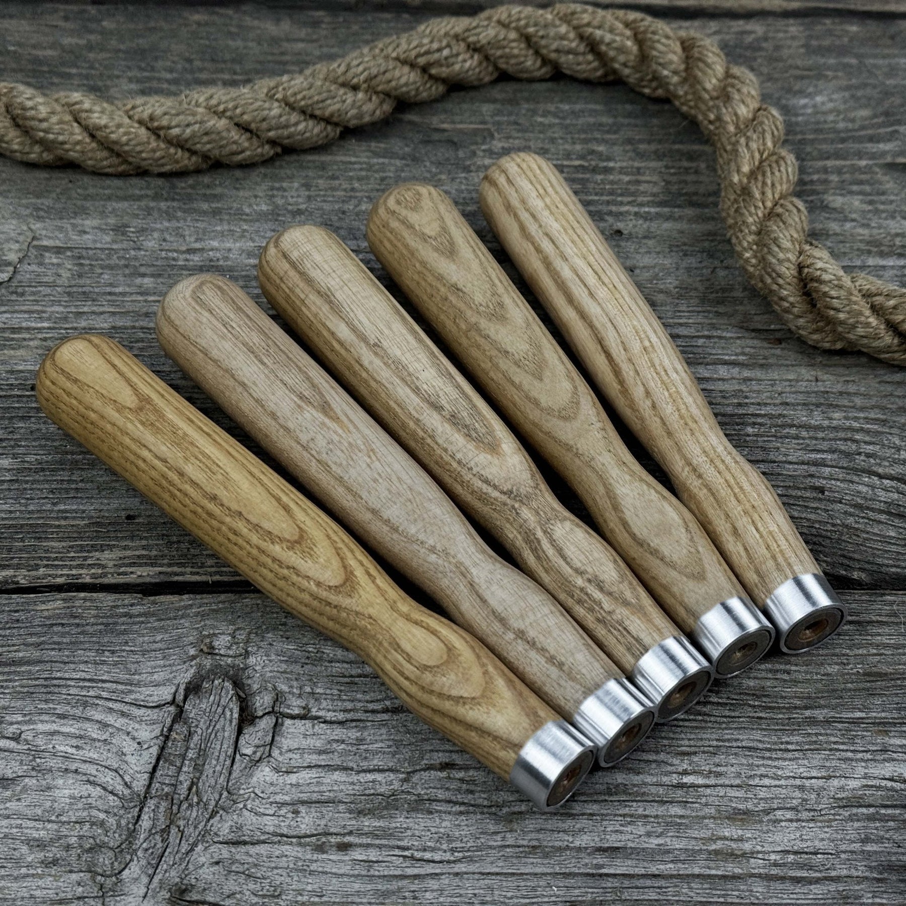 Set of 5 Ash Wood Handles for Chisels and Gouges with Aluminum Rings