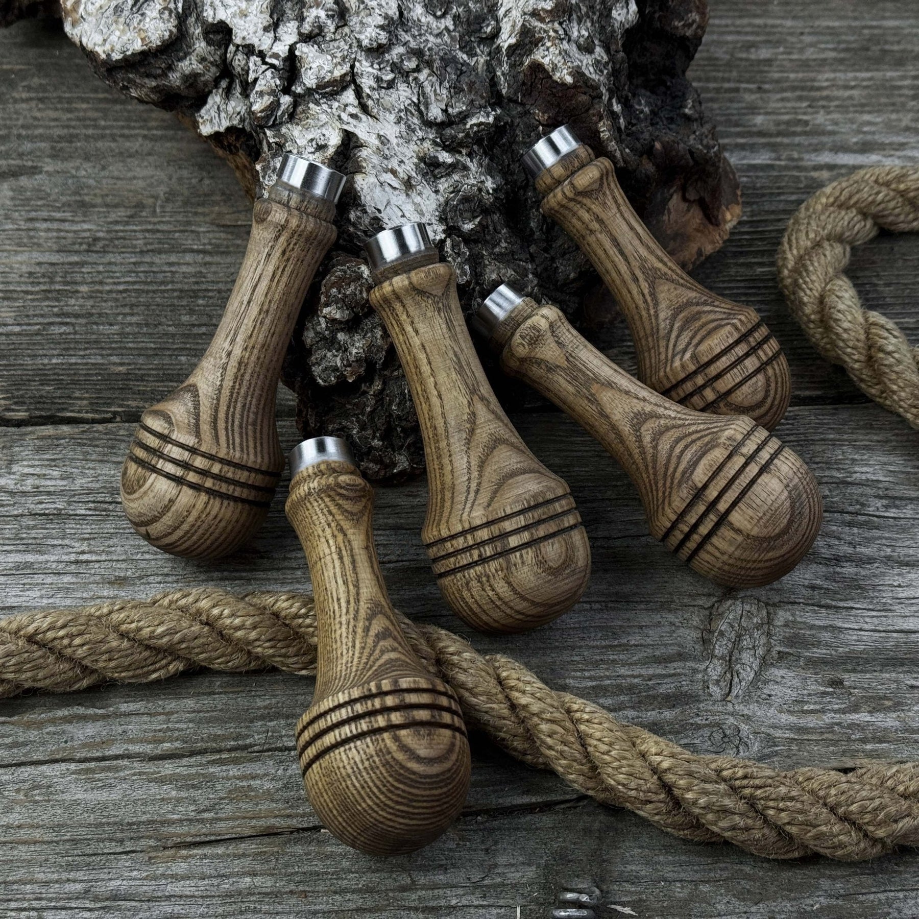 Set of 5 Ash Wood Replacement Handles with Aluminum Rings