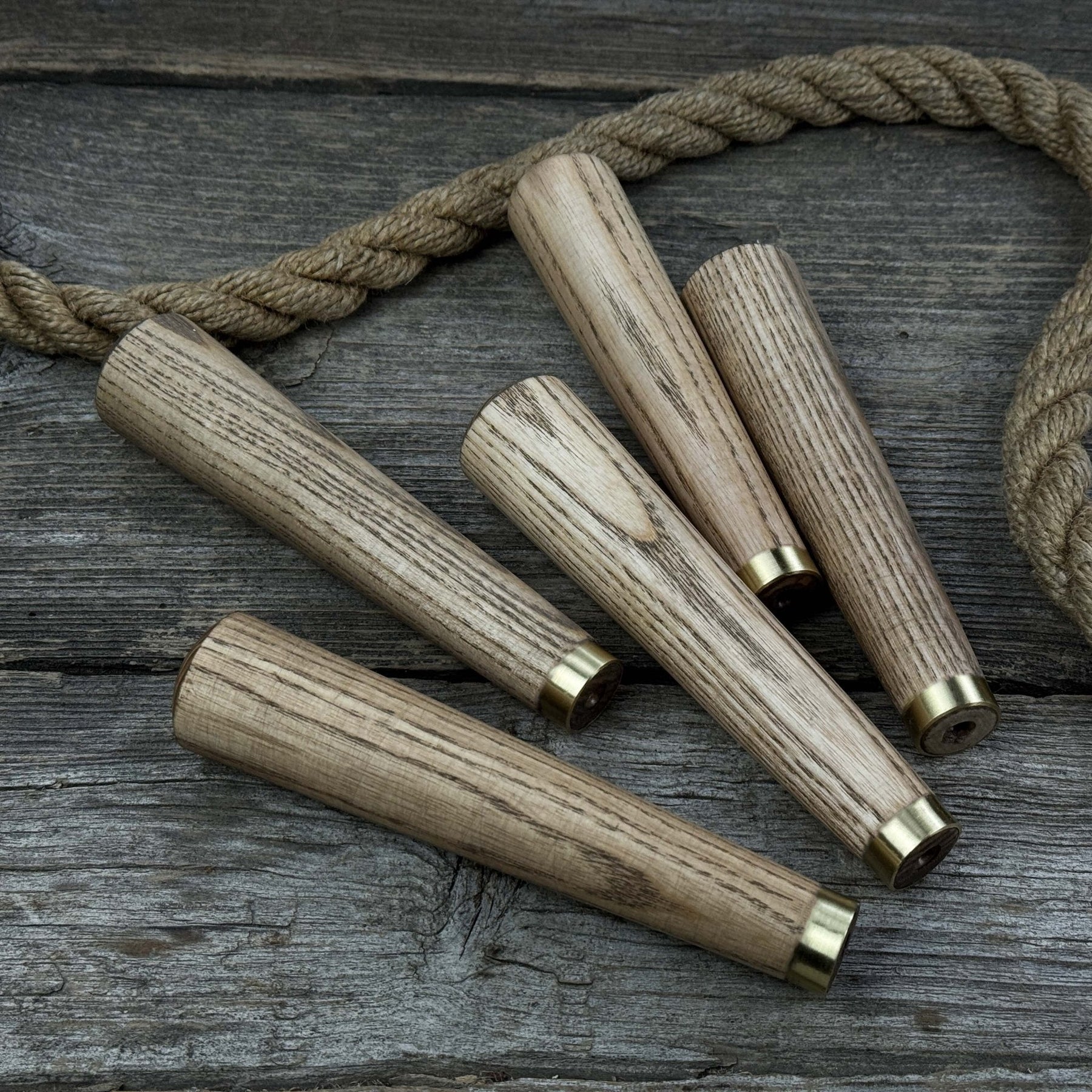 Set of 5 Tapered Ash Wood Handles with Brass Rings