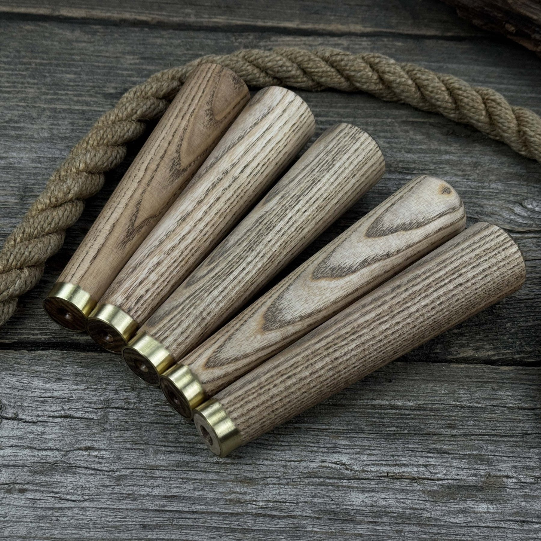 Set of 5 Tapered Ash Wood Handles with Brass Rings