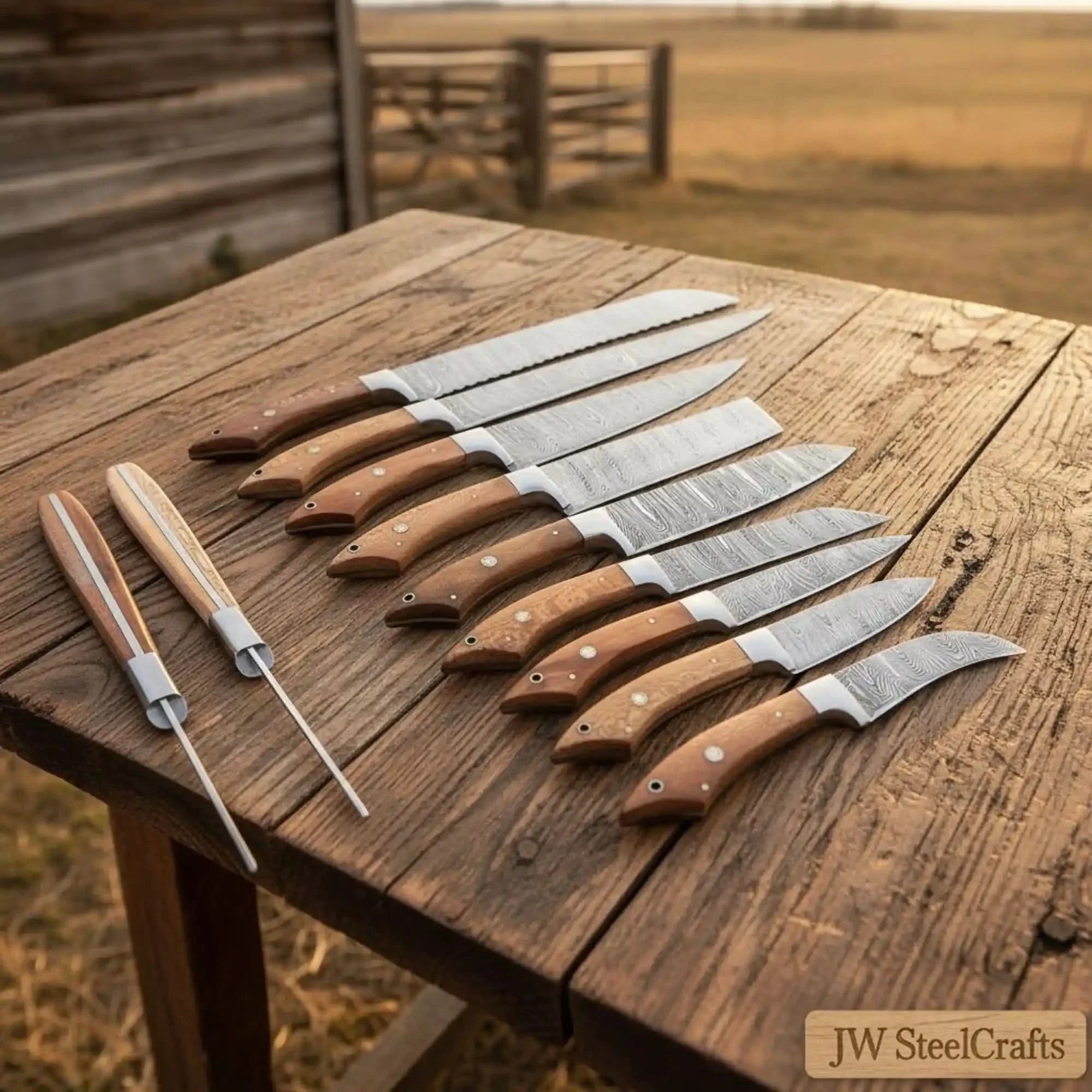 9-Piece Handmade Damascus Kitchen Knife Set with Japanese Blade Profiles and Walnut Wood Handles by JW SteelCrafts, Damascus knife detail photo 2