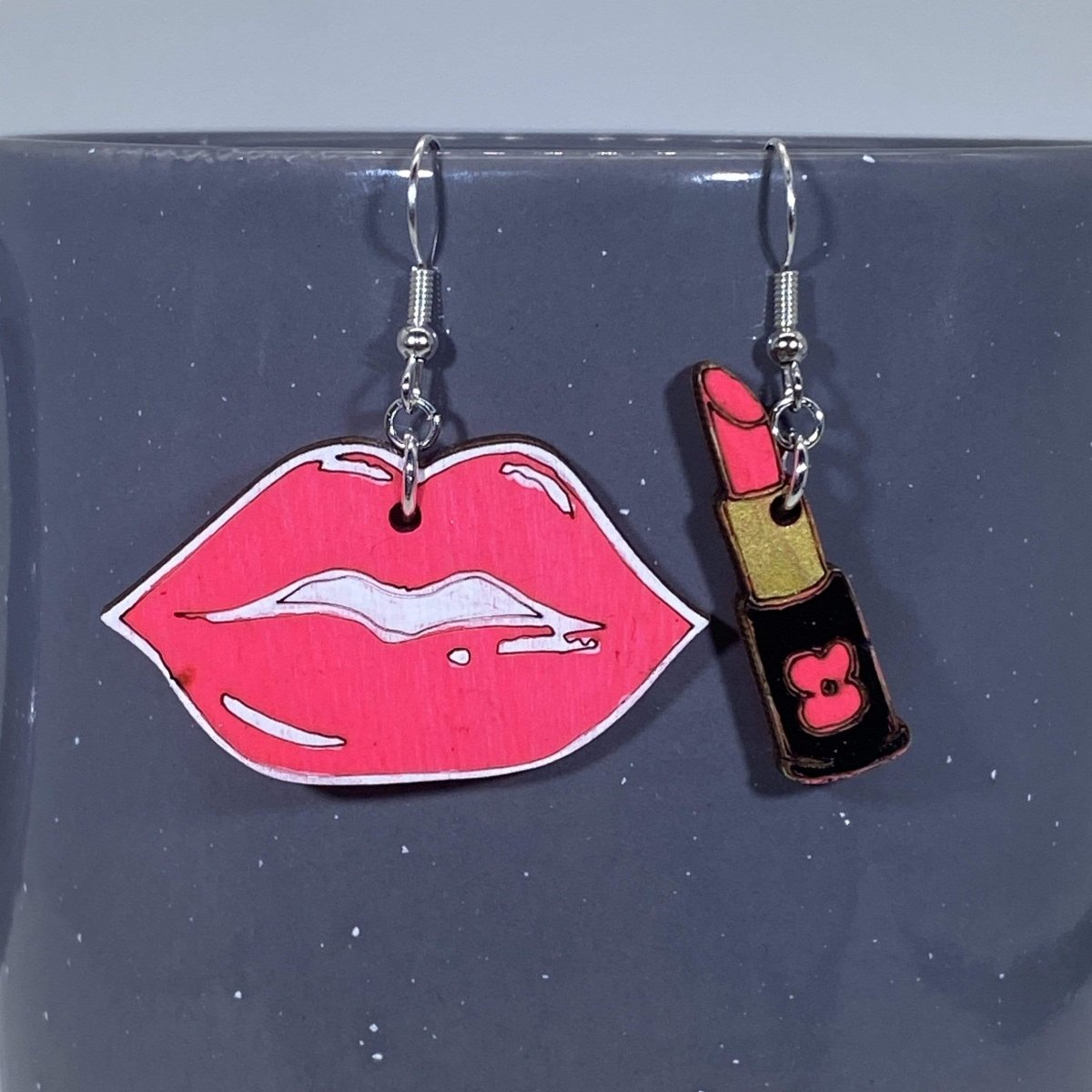 Lips and Lipstick Wooden Dangle Earrings | Glam Beauty Jewelry