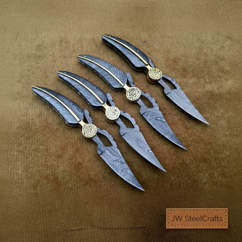 Handmade Damascus Folding Knife Set of 4 – Matching Pocket Knives with Decorative Spine by JW SteelCrafts, Damascus knife main product photo