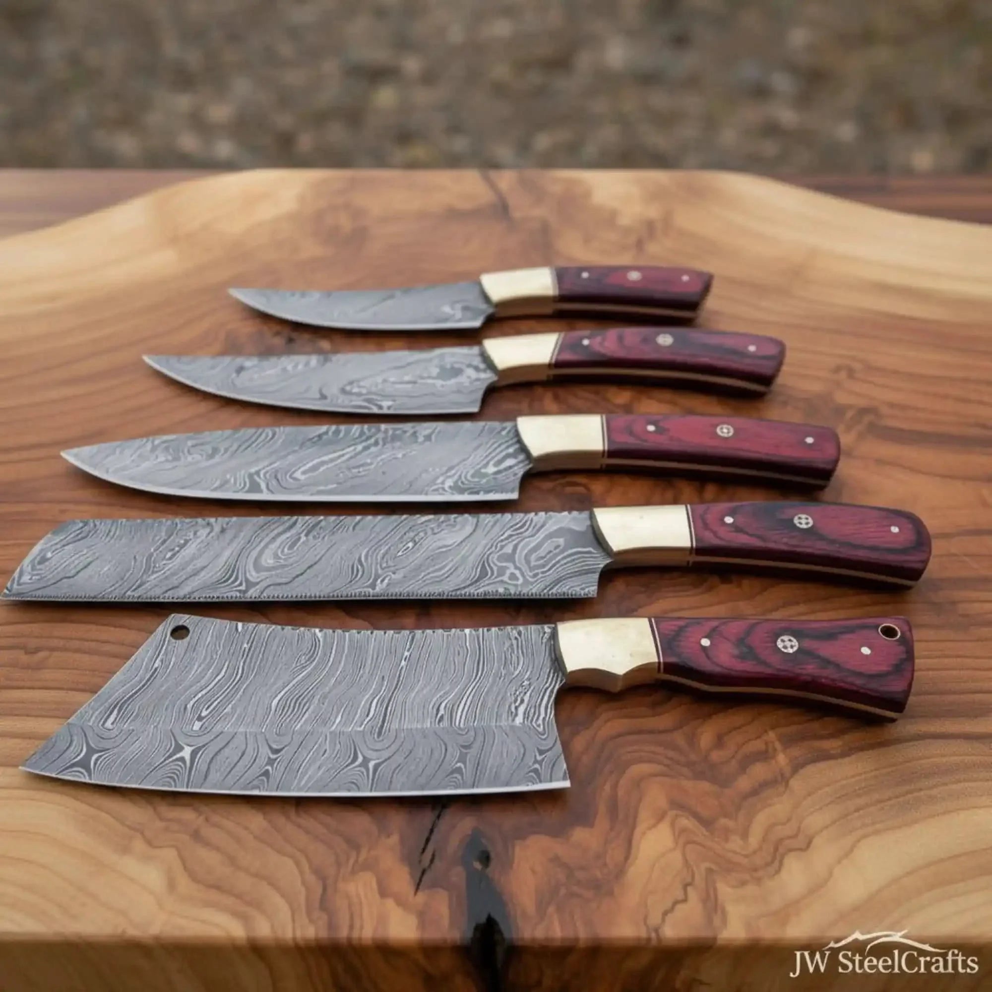 5-piece Damascus chef knife set with butcher cleaver – red pakka wood and brass bolster by JW SteelCrafts, Damascus knife main product photo