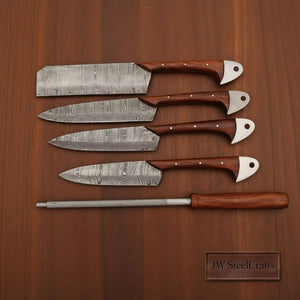 Hand-Forged Damascus Chef Knife Set with Leather Roll & Sharpening Rod - Rosewood Handle Collection