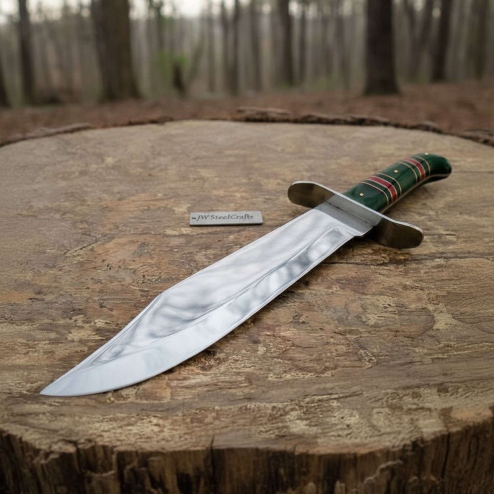 Sheffield Clip Point Bowie Knife Mirror Polish Steel with S Guard and Stacked Handle by JW SteelCrafts, Damascus knife main product photo
