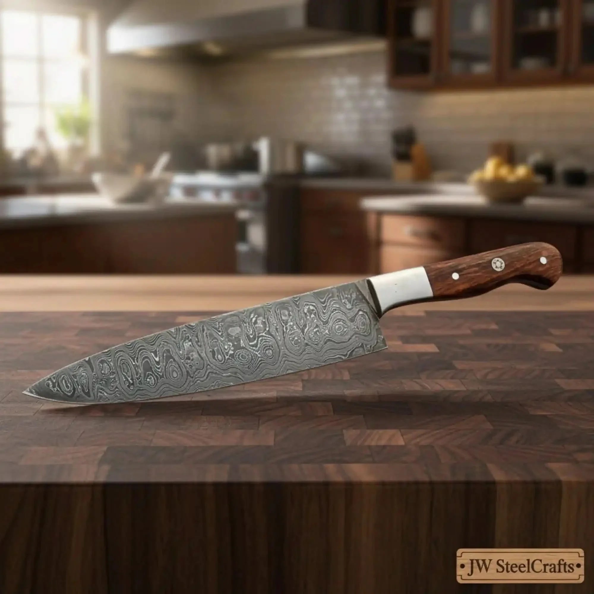 13" Raindrop Damascus Kiritsuke Kitchen Knife — 8" Blade with Rosewood Handle & Steel Bolster by JW SteelCrafts, Damascus knife main product photo