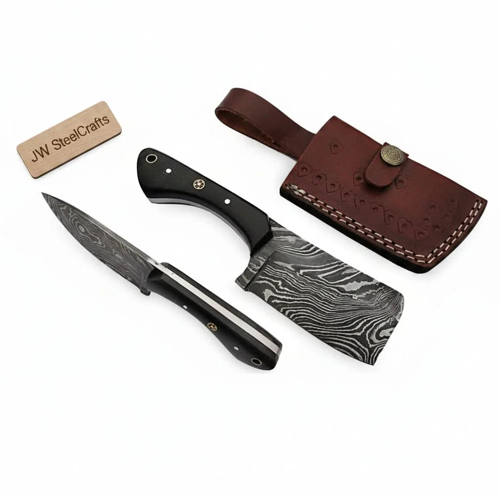 7 Inch EDC Fixed Blade Dagger Knife with Damascus Steel, Black Micarta Handle, Mosaic Pins, Lanyard Hole & Leather Sheath by JW SteelCrafts, leather knife sheath detail photo 2