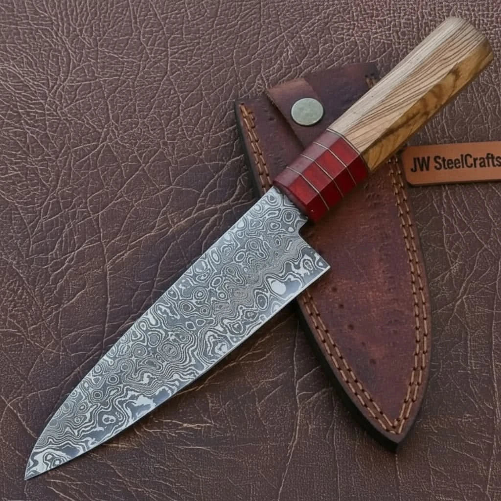 Pattern-Welded Damascus Gyuto 8–9″ Professional Chef Knife with Hybrid French–Japanese Grind by JW SteelCrafts, Damascus knife main product photo