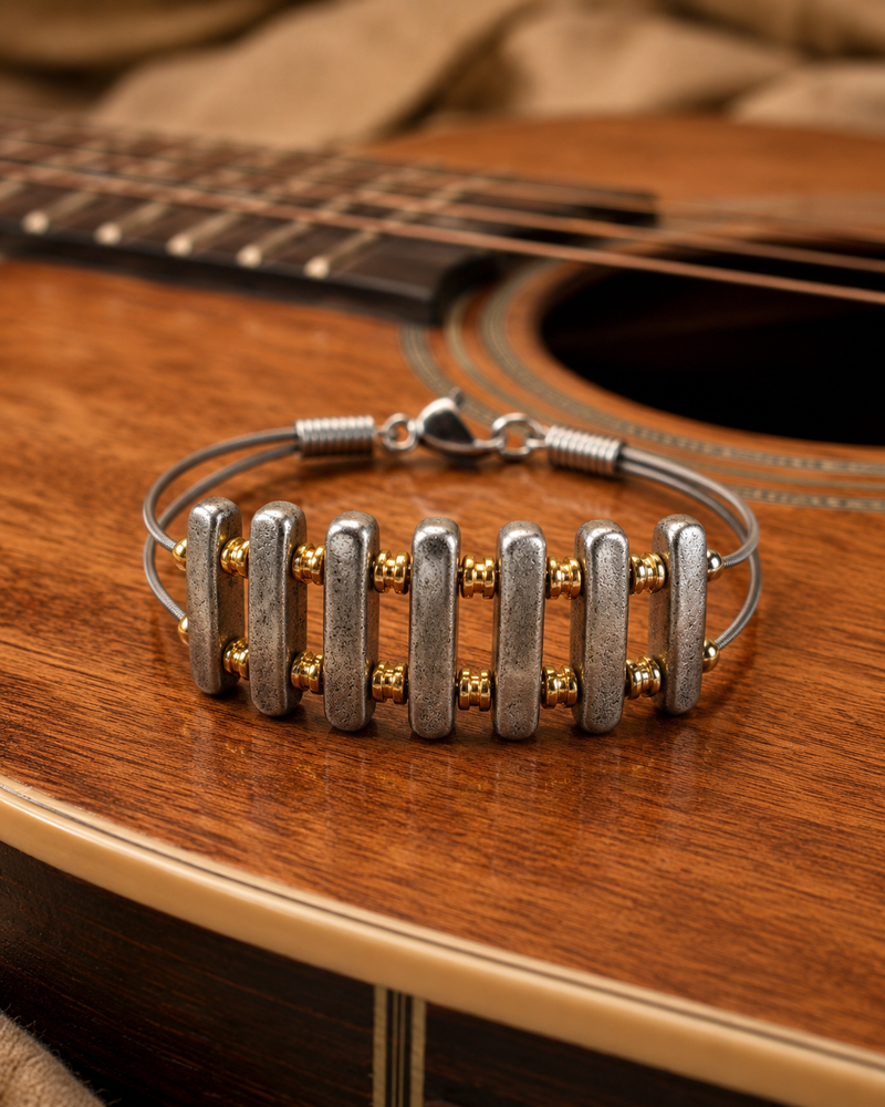 Men's silver and brass guitar string bracelet