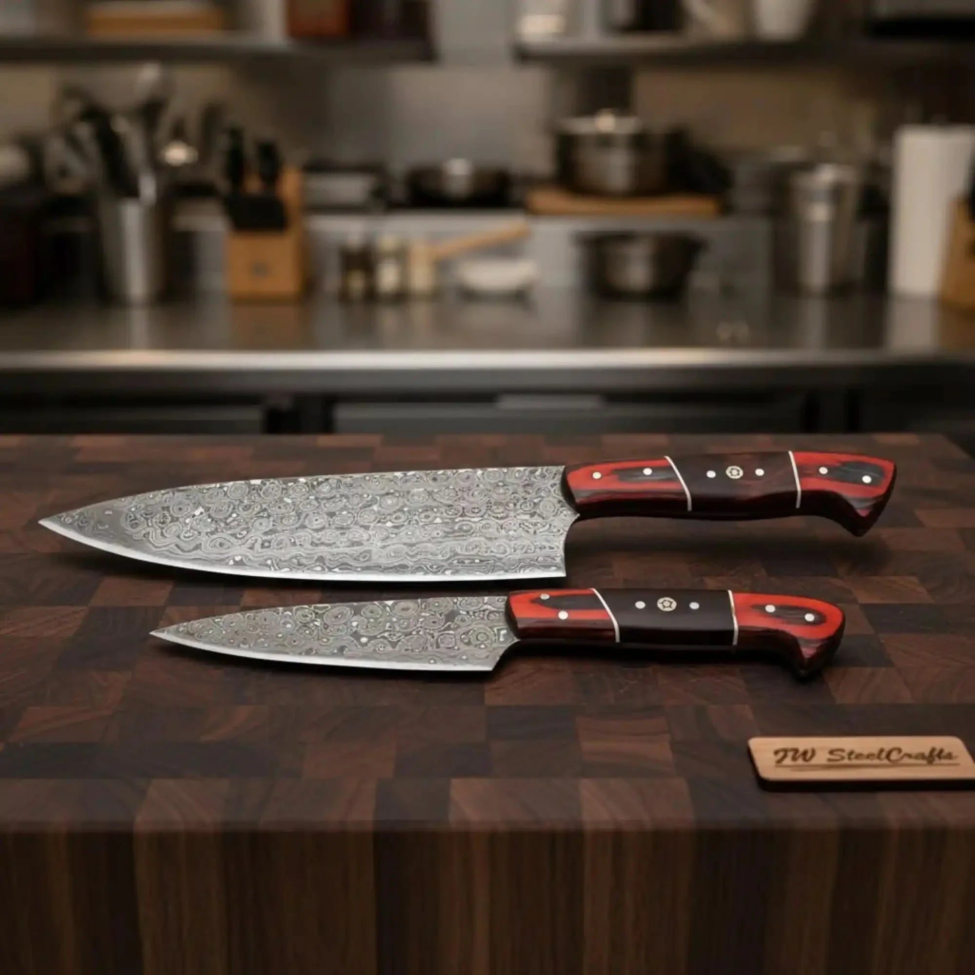 Damascus Gyuto & Petty Knife Pair — 13 & 8 Inch Blades with Red Pakka Wood & Rosewood Handles and Mosaic Pins | JW Steel Crafts by JW SteelCrafts, Damascus knife main product photo