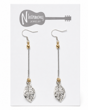 Long Silver Leaf Guitar String Earrings by N Harmony Jewelry, handmade jewelry detail photo 2
