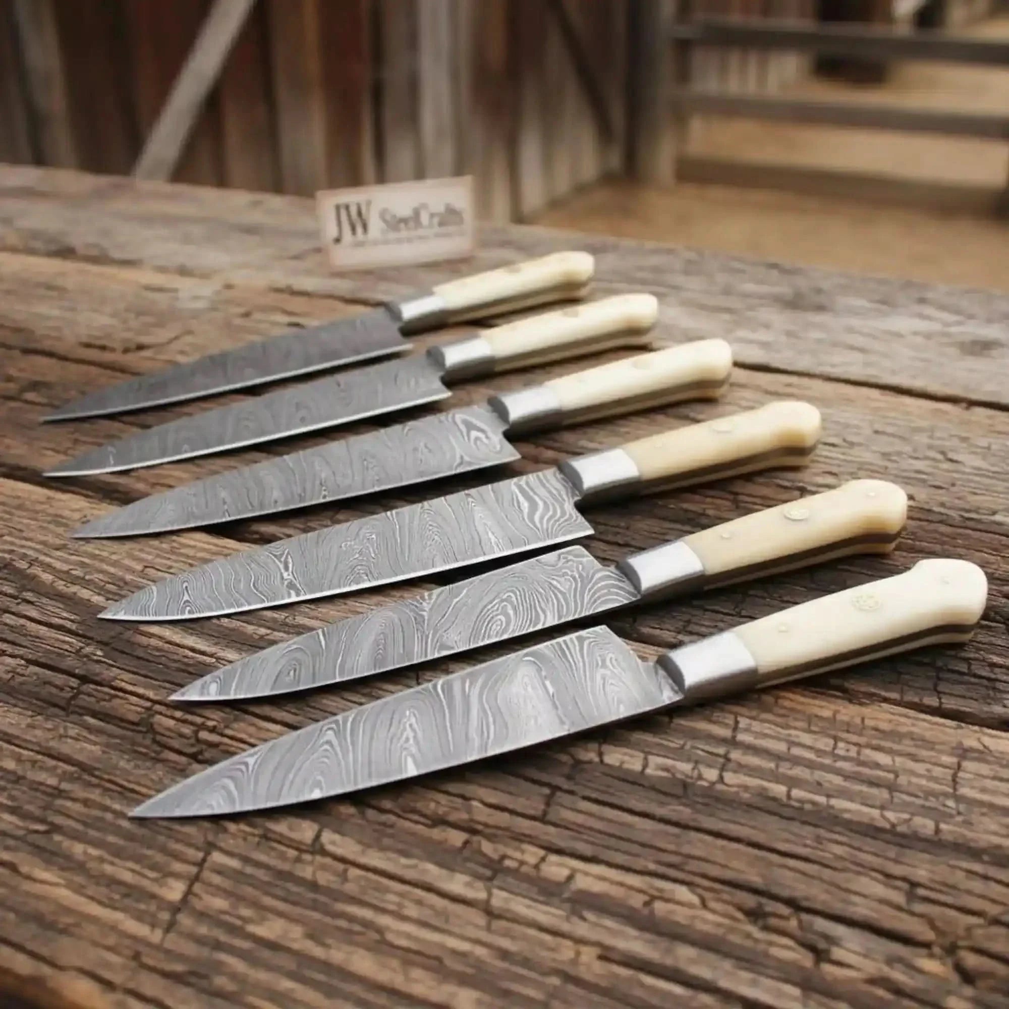 Damascus Steak Knife Set of 6 — Twisted Damascus Blades, Bone Handles, Steel Bolster, Mosaic Pin & Full Tang by JW SteelCrafts, Damascus knife main product photo