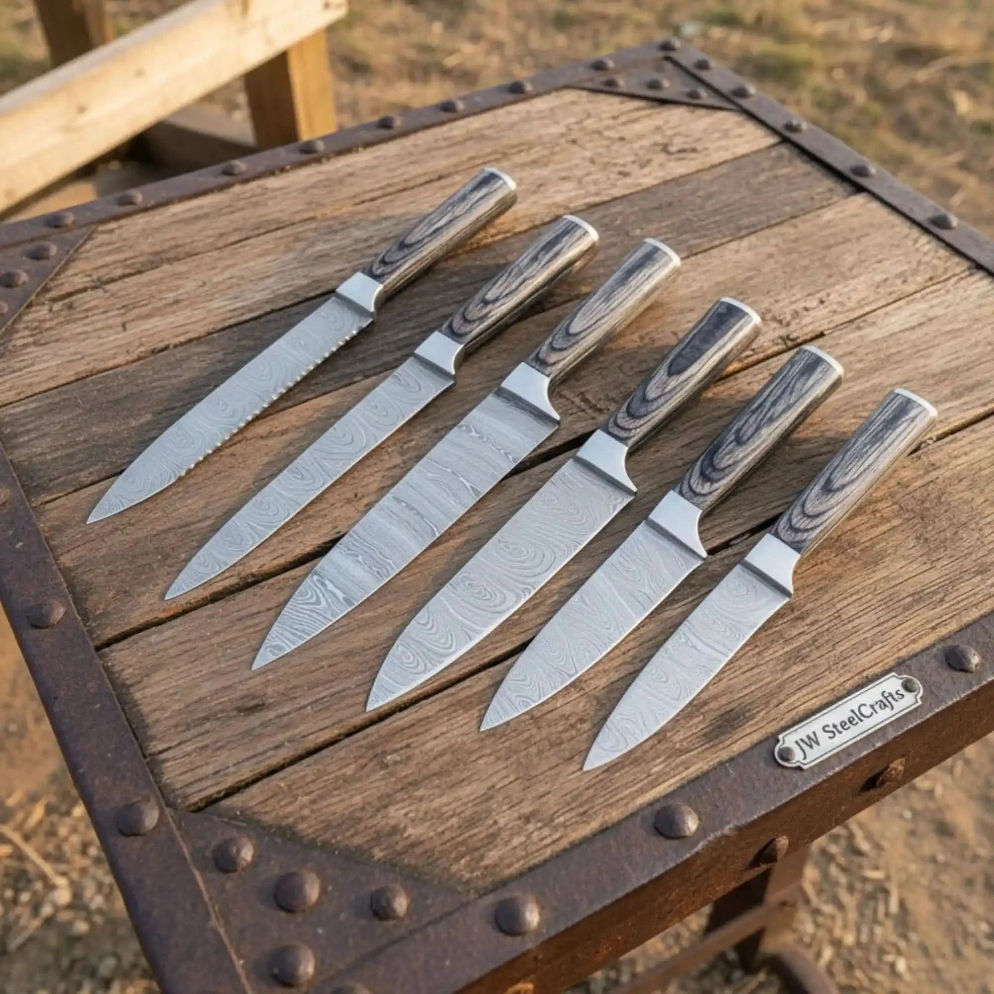 Handmade Damascus Chef Knife Set 6 Piece Professional Kitchen Knife Collection Full Tang Wood Handles by JW SteelCrafts, Damascus knife detail photo 2