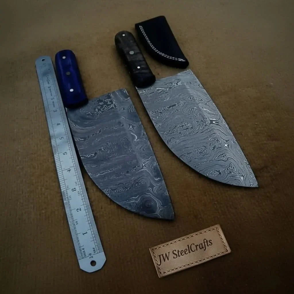 Hammer Forged Damascus Chinese Cleaver & Curved Butcher Knife Pair – Black & Blue Pakka Wood Handles by JW SteelCrafts, Damascus knife main product photo