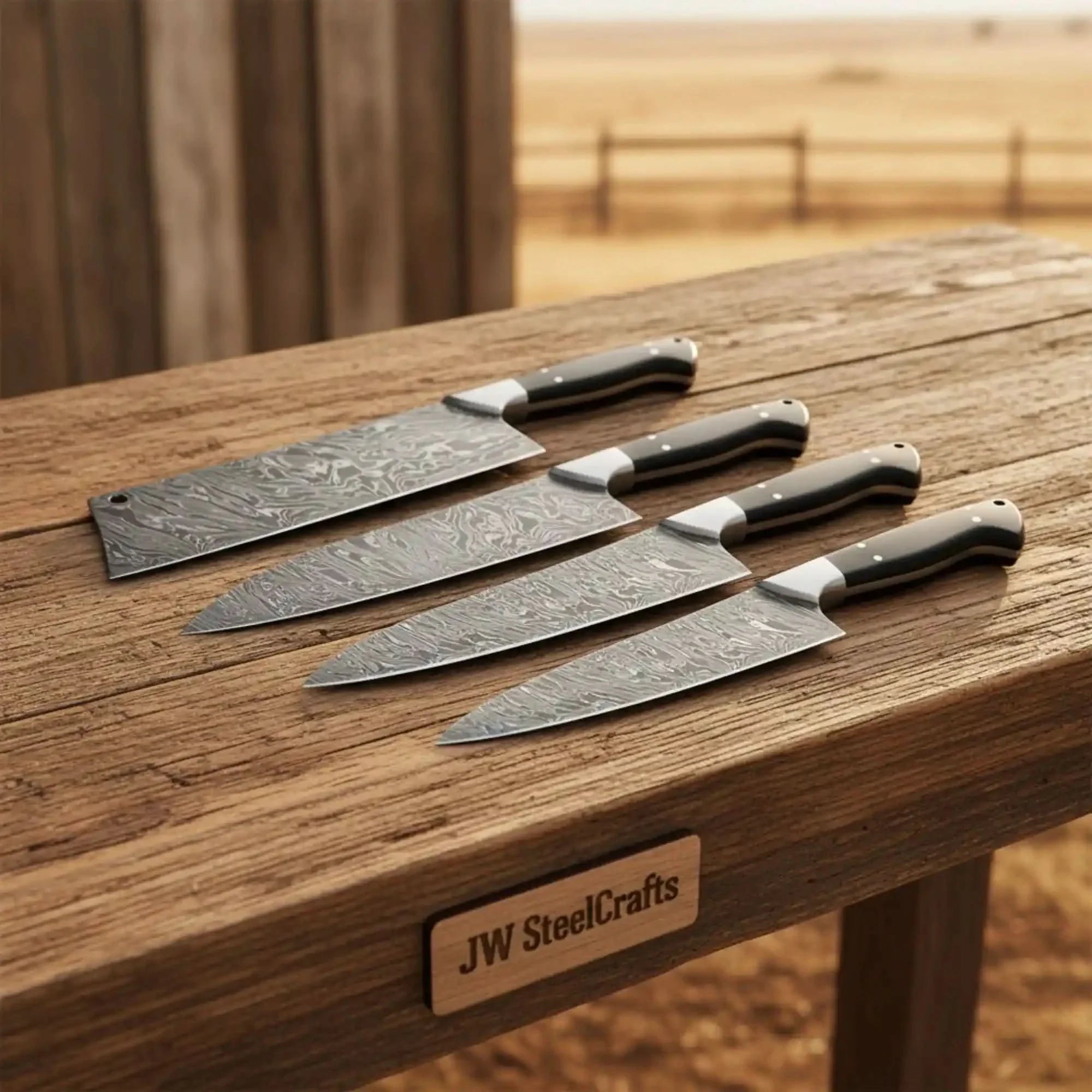 4-Piece Handmade Damascus Steel Kitchen Knife Set with Pakka Wood Handles by JW SteelCrafts, Damascus knife detail photo 2