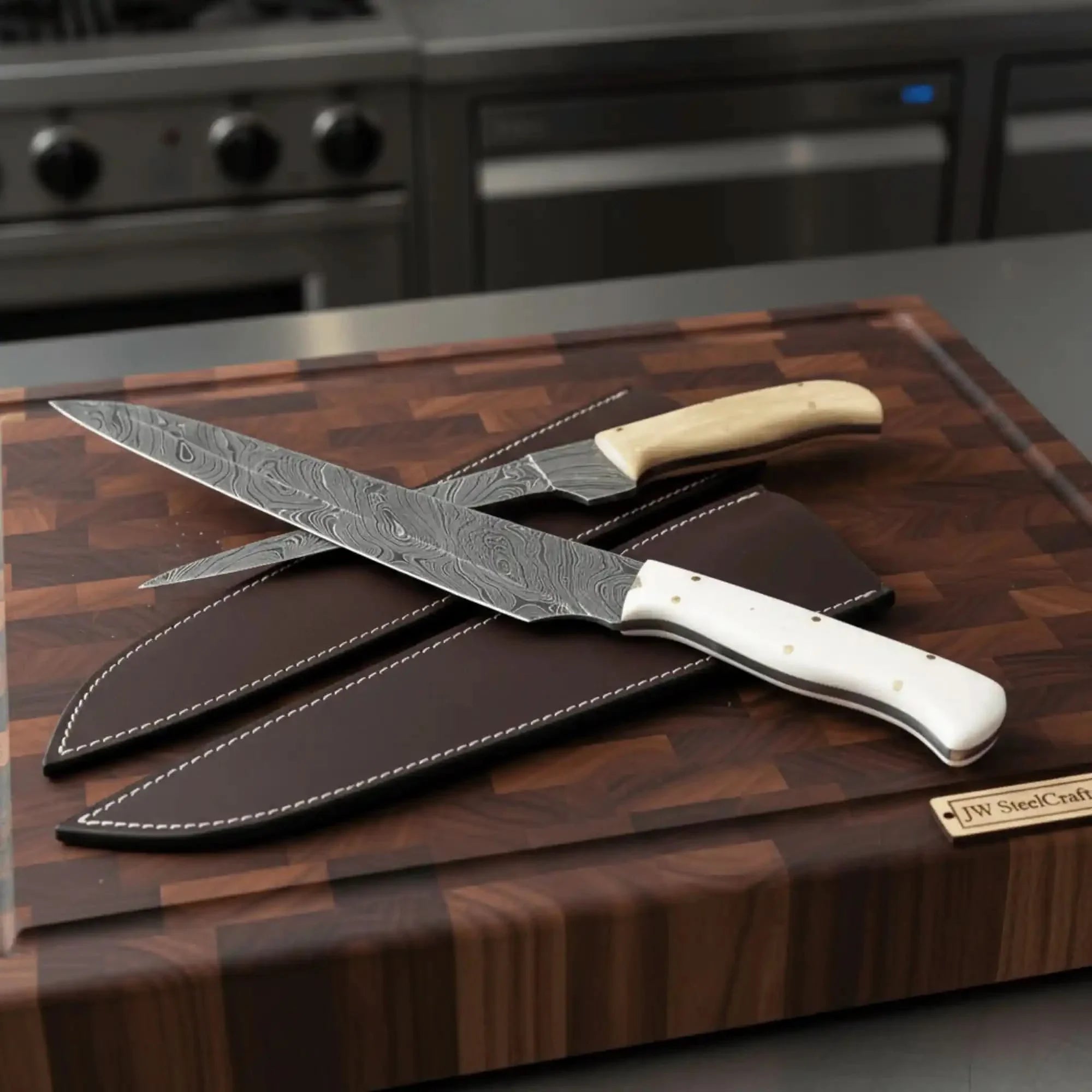 2-Piece Damascus Carving & Utility Knife Set — Twisted Pattern Blades, White Camel Bone Handles by JW SteelCrafts, Damascus knife main product photo