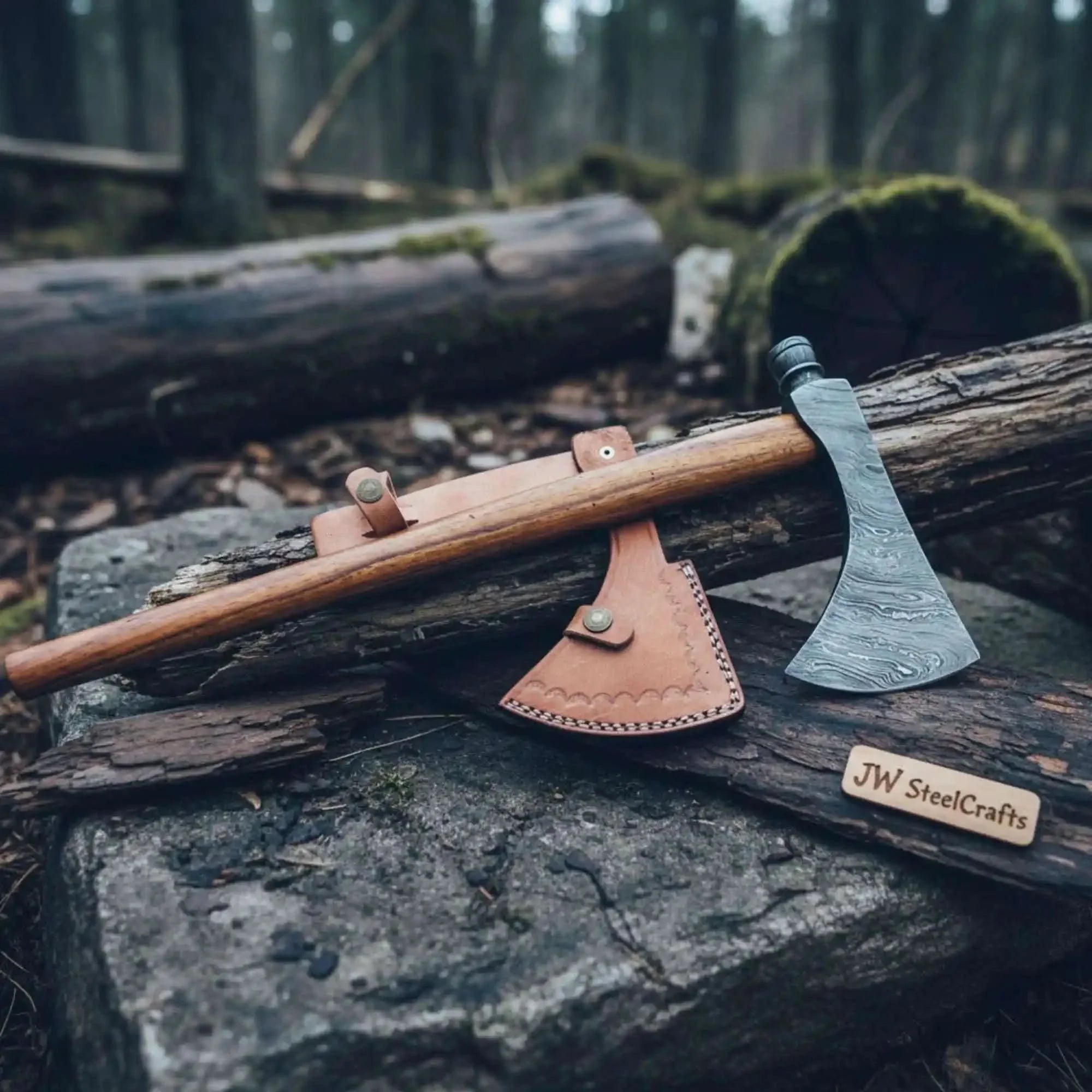 Smoking Bushcraft Axe for Camping, Woodcraft and Trail Chopping by JW SteelCrafts, handmade axe main product photo